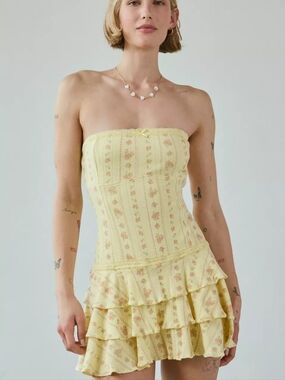 UO Out From Under Butter Yellow Floral Strapless Ruffle Romper - Size Medium